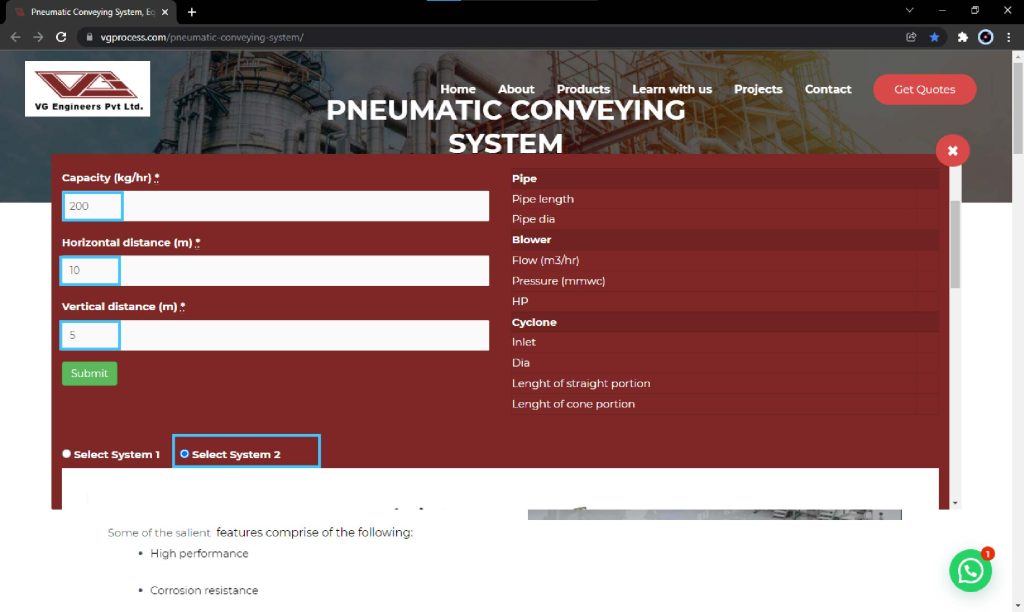 VG Engineers free tool for pneumatic conveying system