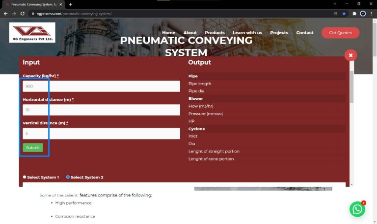 VG Engineers free tool for pneumatic conveying system