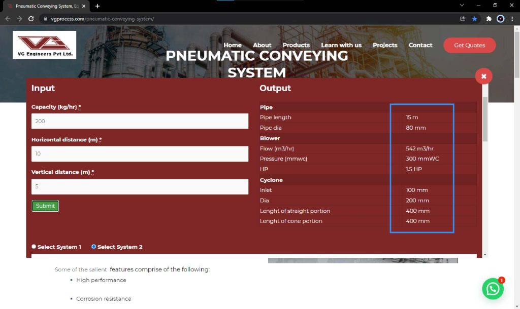 VG Engineers free tool for pneumatic conveying system